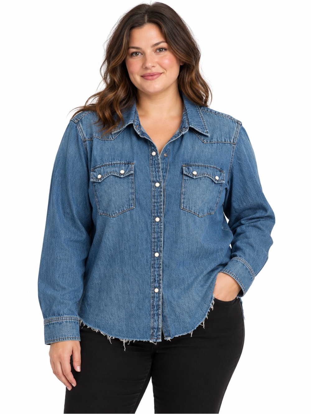 Lucky Brand Women’s Blue Denim Western Snap Shirt Raw Hem XL